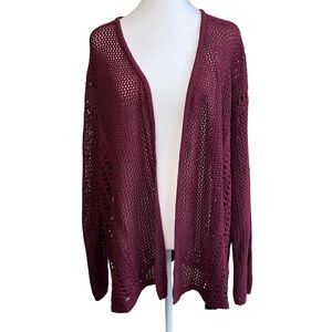A.N.A. Boho Burgundy Ruby Womens Plus 2X Open Crochet Cardigan Sweater Layering